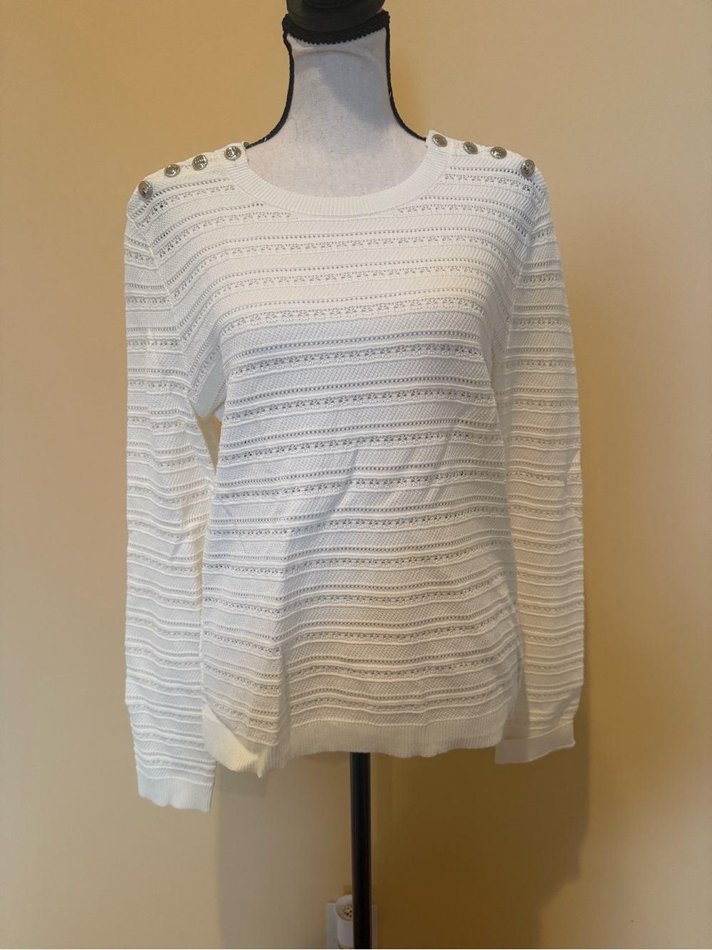 Maje Cream Crewneck Sweater with Decorative Shoulder Buttons